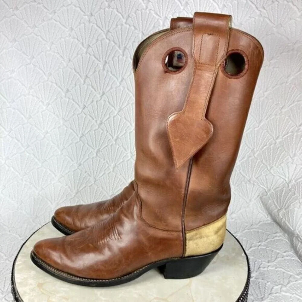Vintage Olathe Boot Co. Cowboy Boots Mens Brown 9B Leather Mule Ear Western RARE